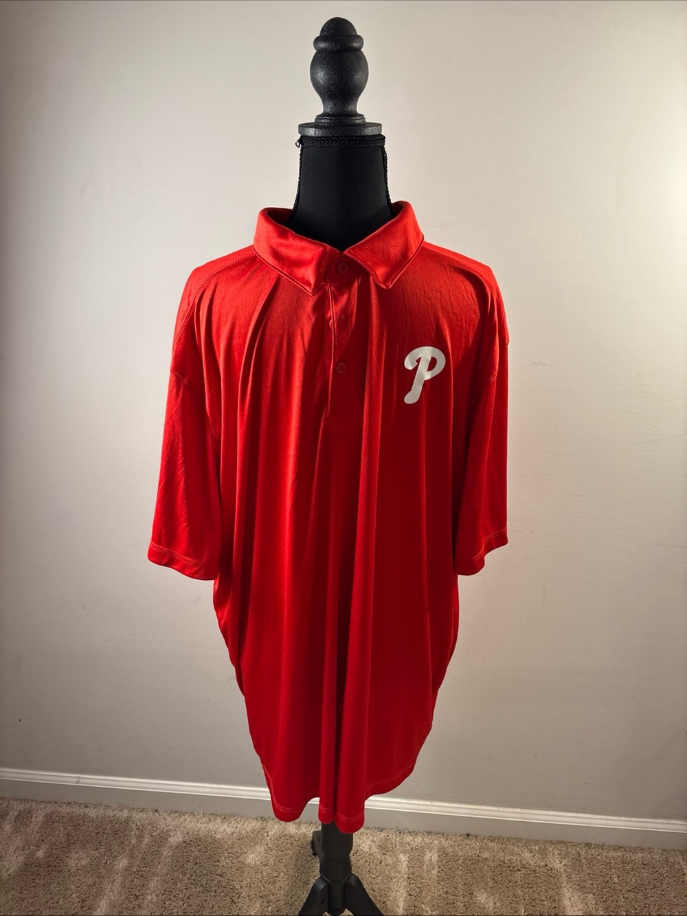 Majestic  Philadelphia Phillies Bright Red Polo with White 'P' Chest Logo. 470